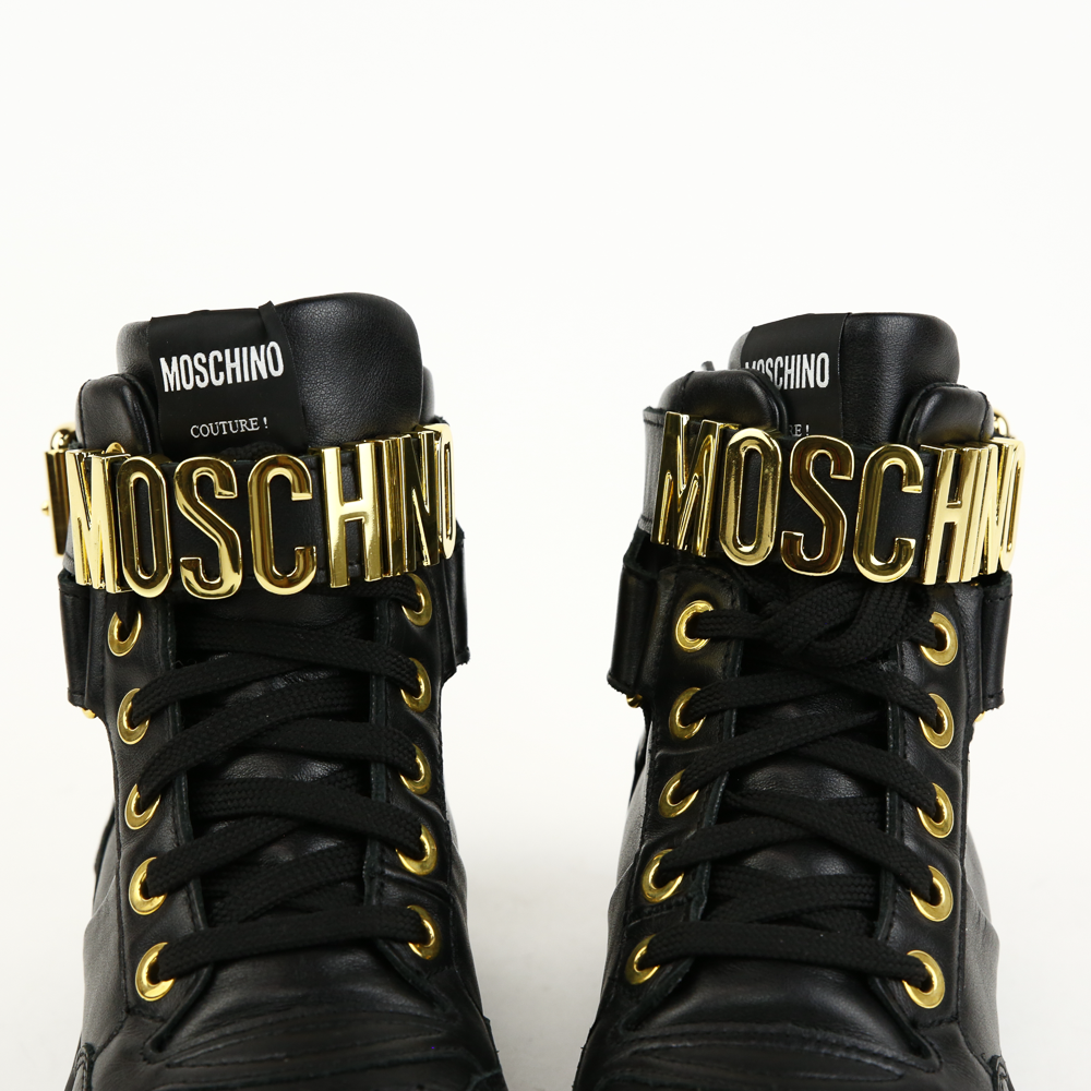 Moschino Black Leather Logo Strap High Top Sneakers