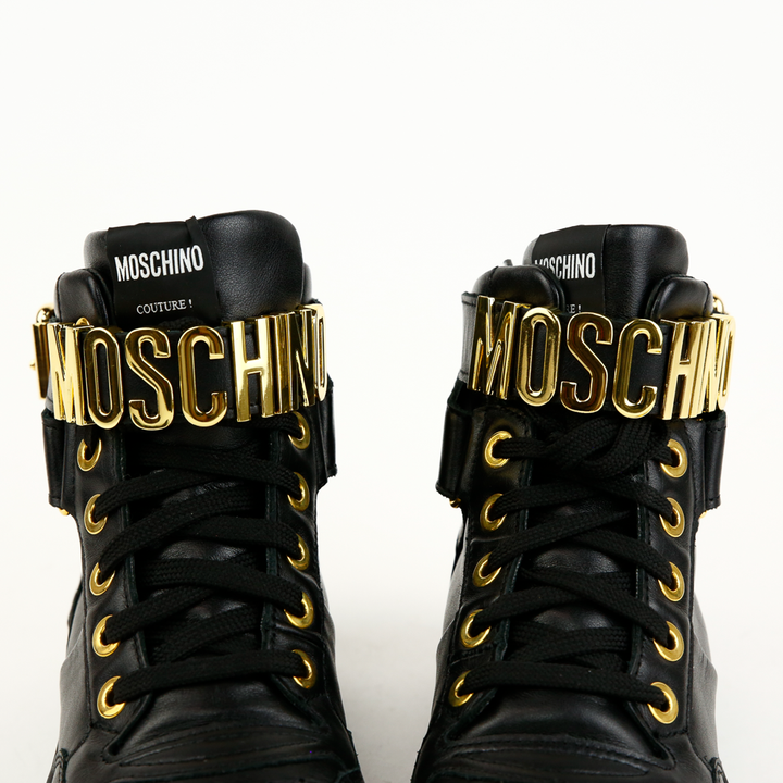 Moschino Black Leather Logo Strap High Top Sneakers