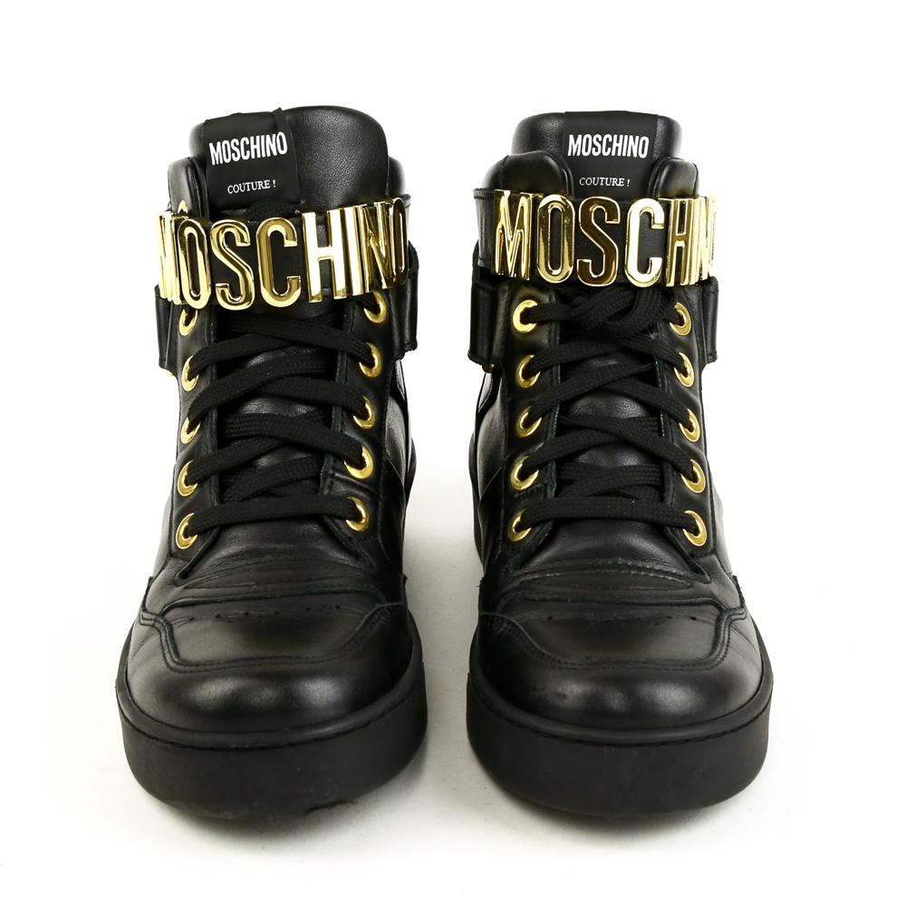 Moschino Black Leather Logo Strap High Top Sneakers