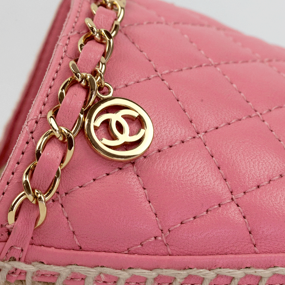 Chanel Pink Quilted Chain Espadrille Slide Sandals