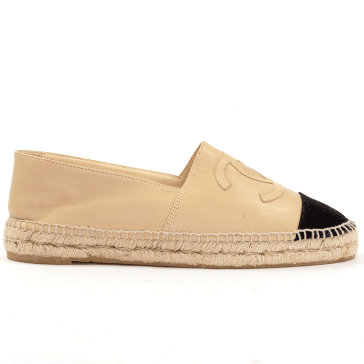 side view of Chanel Beige Leather CC Espadrille Flats