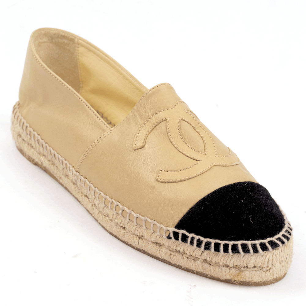 side view of Chanel Beige Leather CC Espadrille Flats