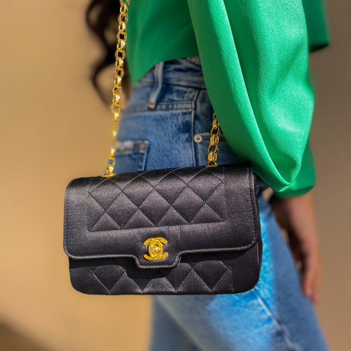 Chanel Vintage Black Satin Flap Crossbody Bag