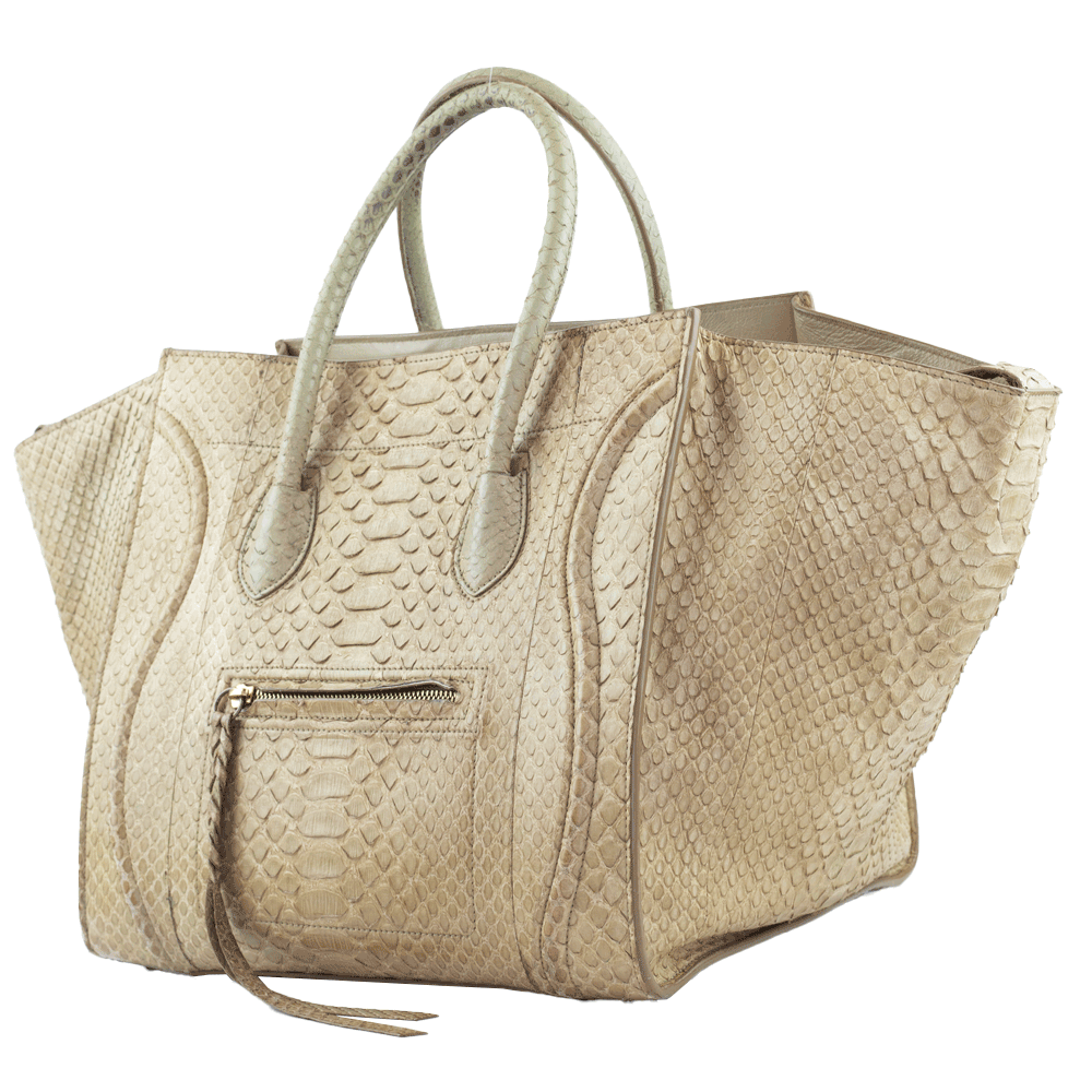 side view of Celine Beige Python Medium Phantom Tote Bag