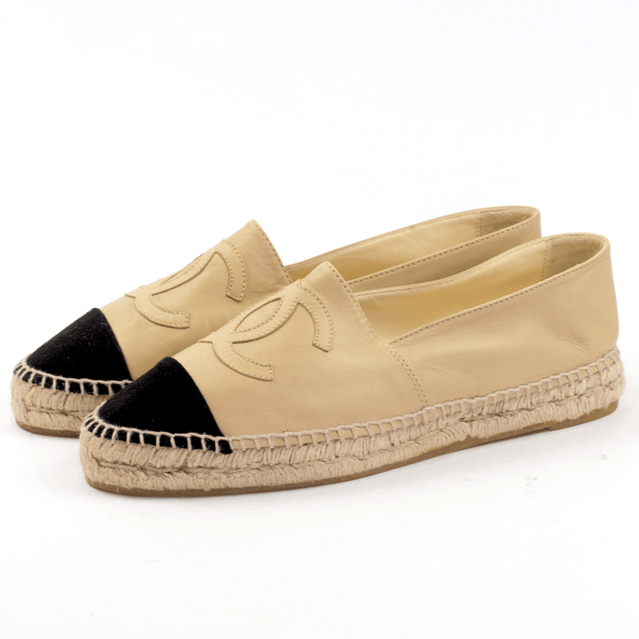 side view of Chanel Beige Leather CC Espadrille Flats