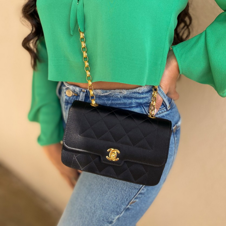 Chanel Vintage Black Satin Flap Crossbody Bag