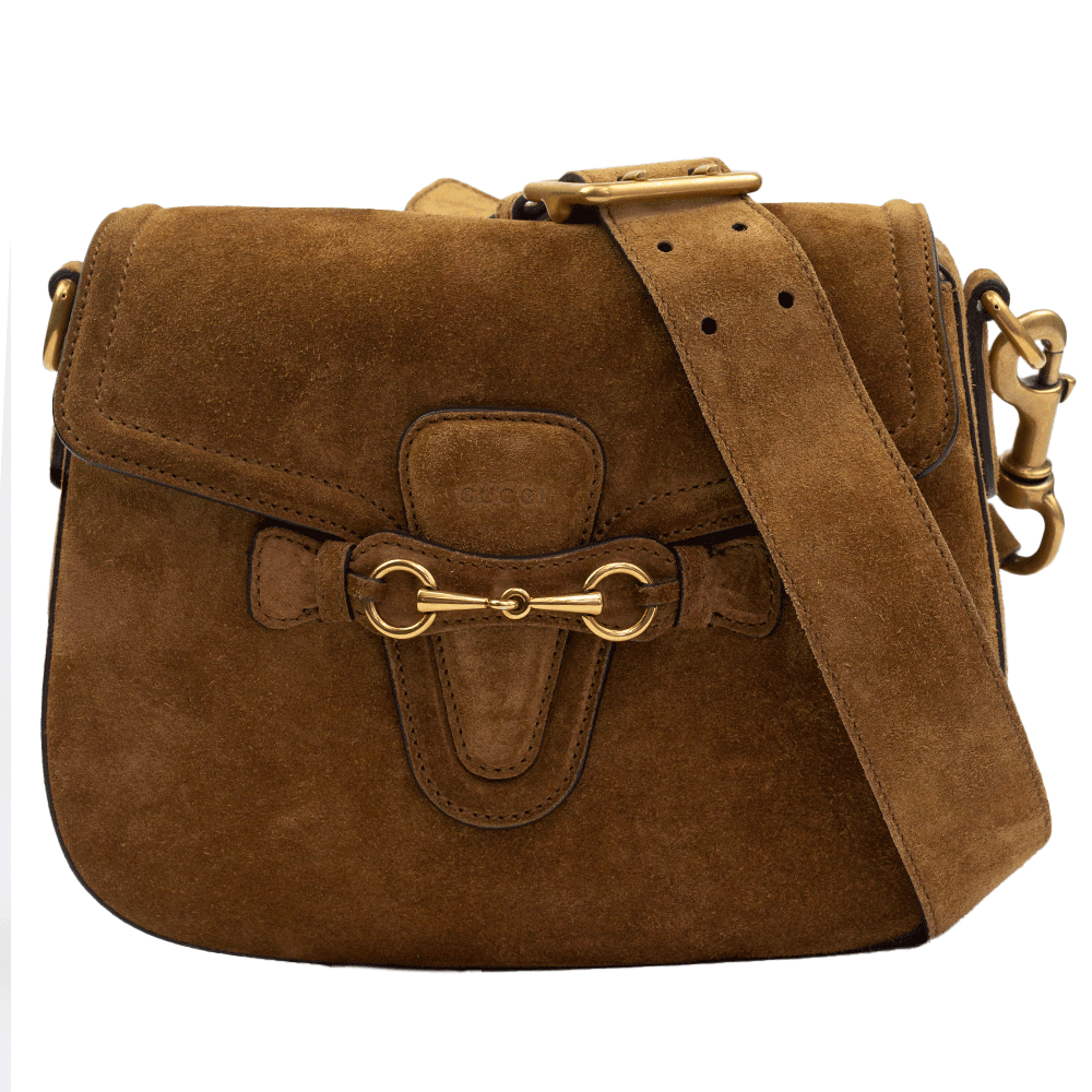 front view of Gucci Lady Web Brown Suede Crossbody Bag