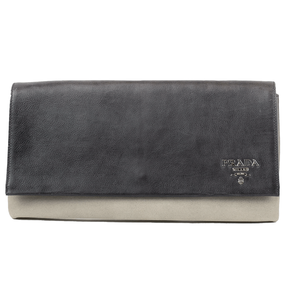 front view of Prada Gray Ombre Leather Pochette Clutch