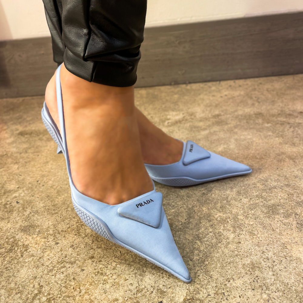 Prada Baby Blue Nylon Triangle Logo Slingback Pumps