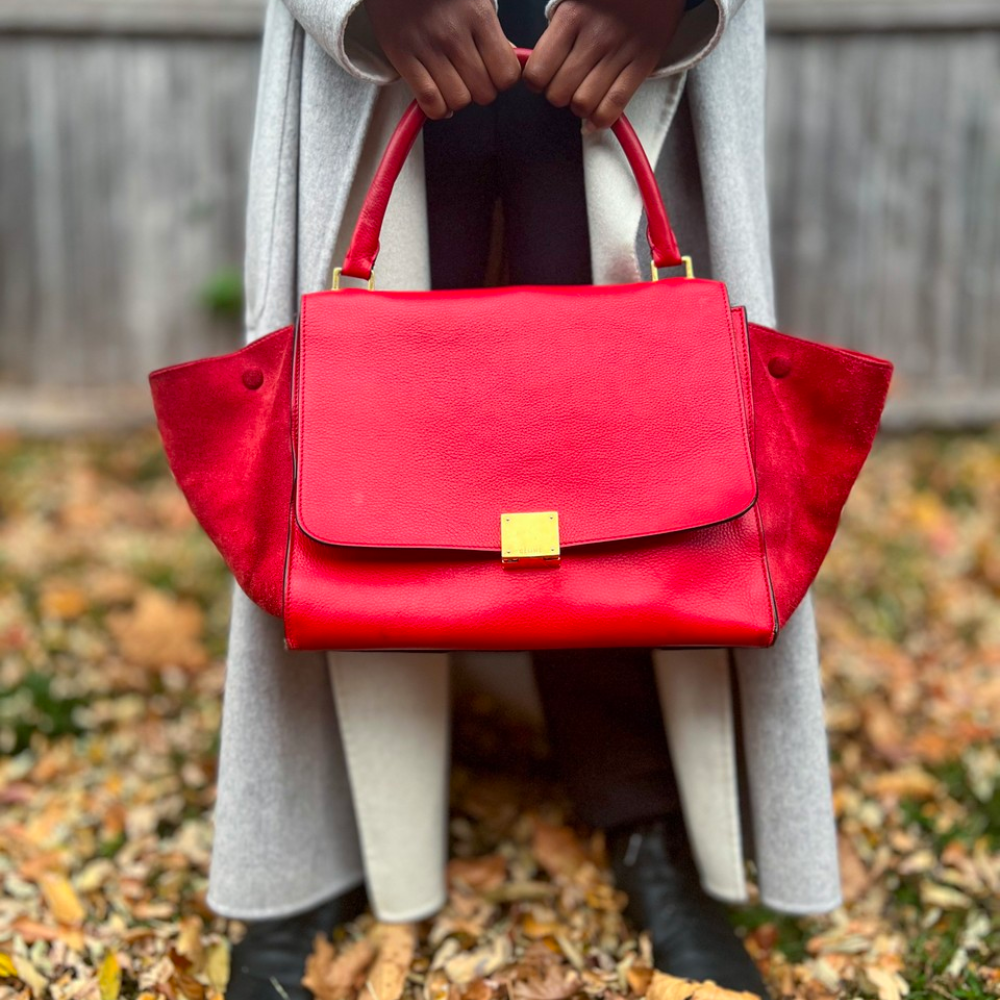 Celine Red Leather & Suede Medium Trapeze Tote