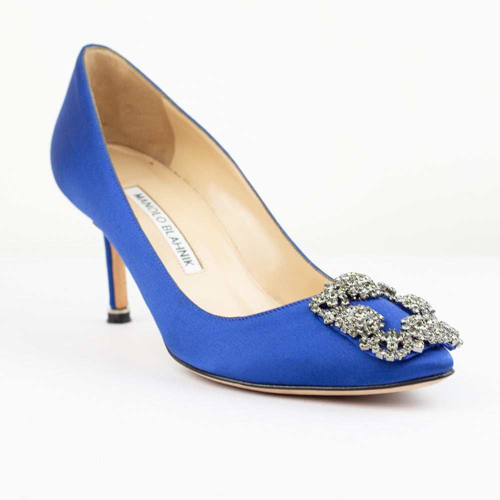 side view of Manolo Blahnik Hangisi Jeweled Blue Satin Pumps