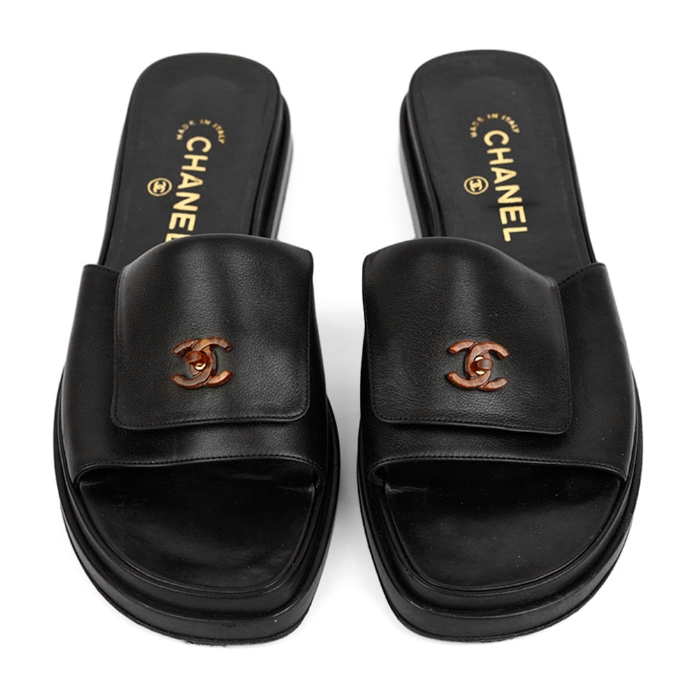 Chanel Black Leather CC Slides