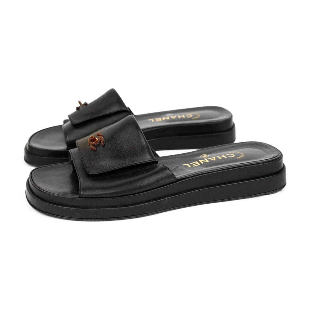 Chanel Black Leather CC Slides