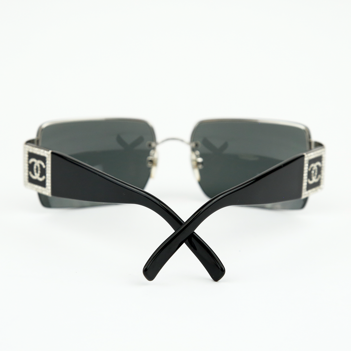 back view of Chanel Rimless Square Frame Crystal CC Sunglasses