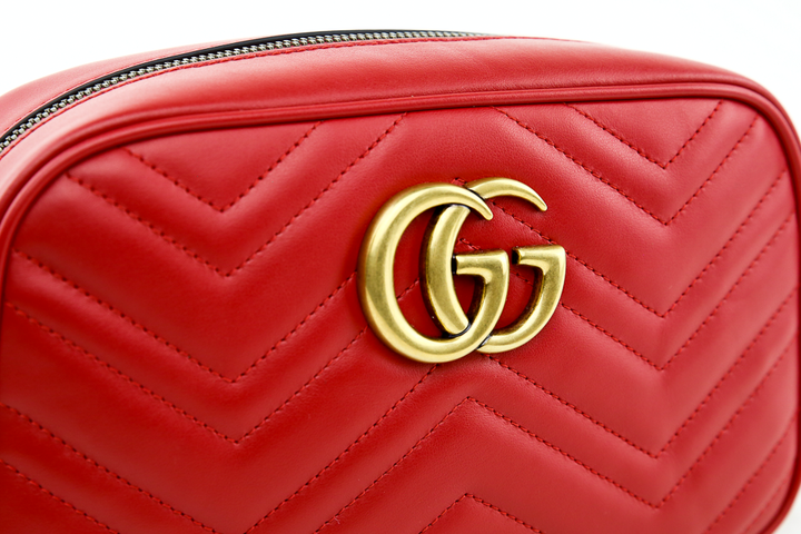 hardware view of Gucci Red Leather GG Marmont Small Matelasse Shoulder Bag