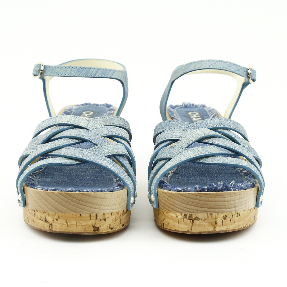 front view of Chanel Denim Clog Platform Sandals