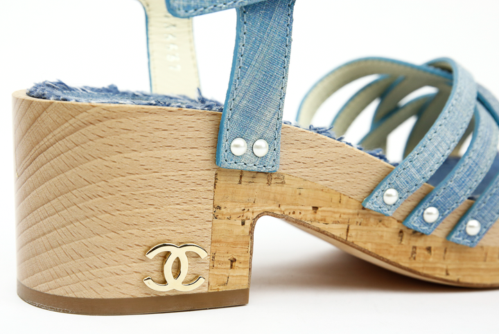 CC logo view of Chanel Denim Clog Platform Sandals