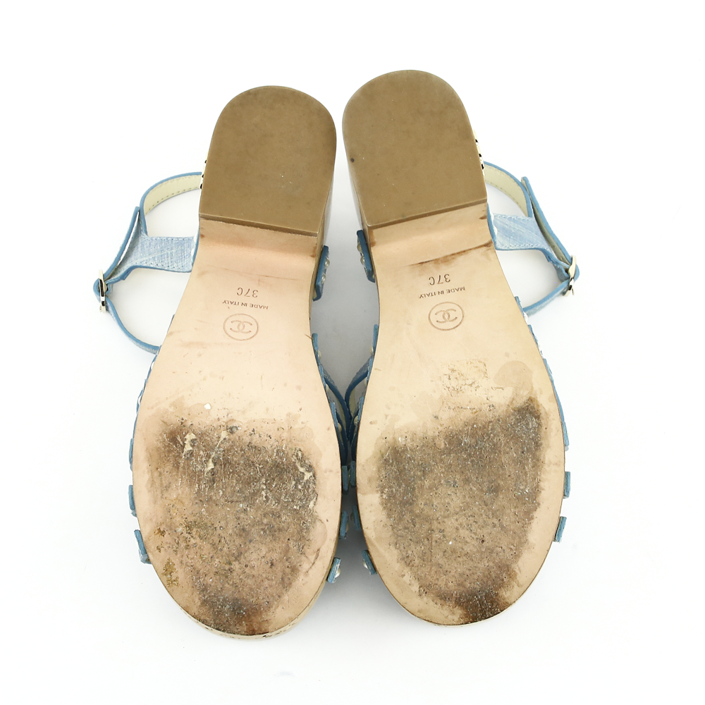 sole view of Chanel Denim Clog Platform Sandals