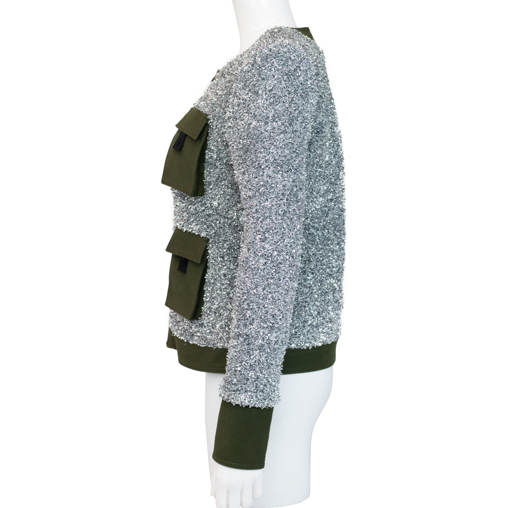 Balmain Silver & Khaki Zipped Tweed Jacket