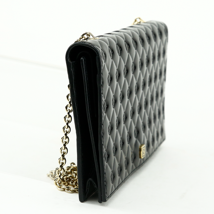 side view of Fendi Fendilicious Black Patent Leather Logo Embossed Wallet on Chain