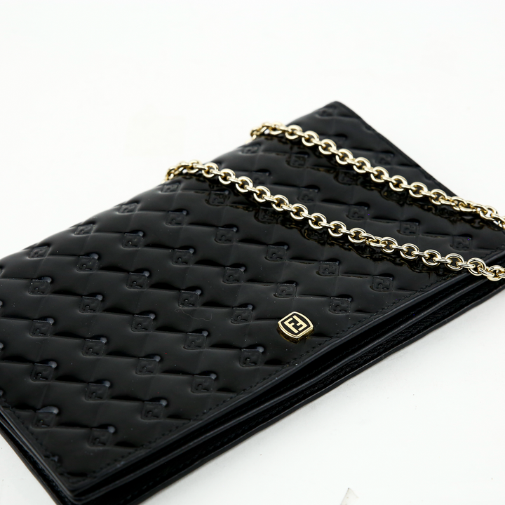 top view of Fendi Fendilicious Black Patent Leather Logo Embossed Wallet on Chain