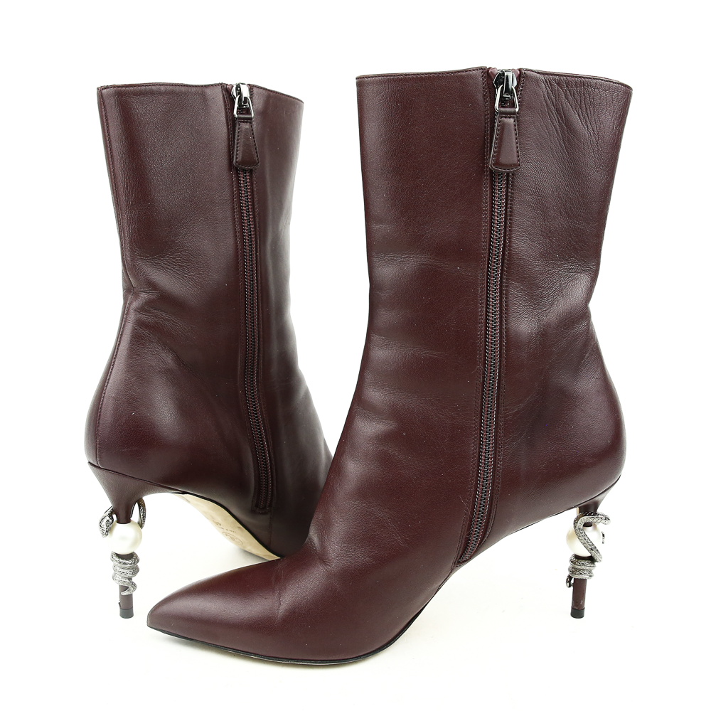 side zip view of Chanel Burgundy Leather Runway Pearl Boots