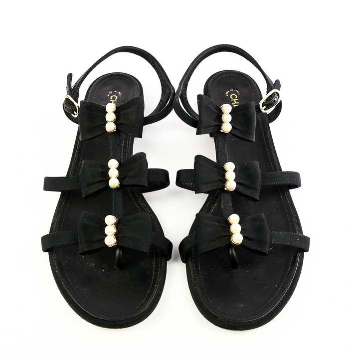 Front view of Chanel Black Fabric & Pearl Bow Sandals