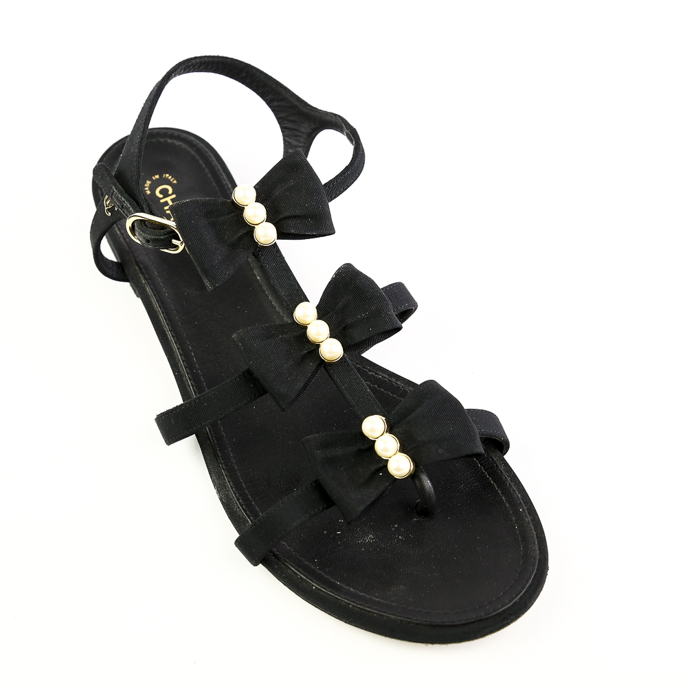 Top view of Chanel Black Fabric & Pearl Bow Sandals