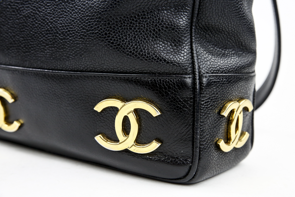 Corner view of Chanel Black Caviar Leather Triple CC Vintage Shoulder Bag