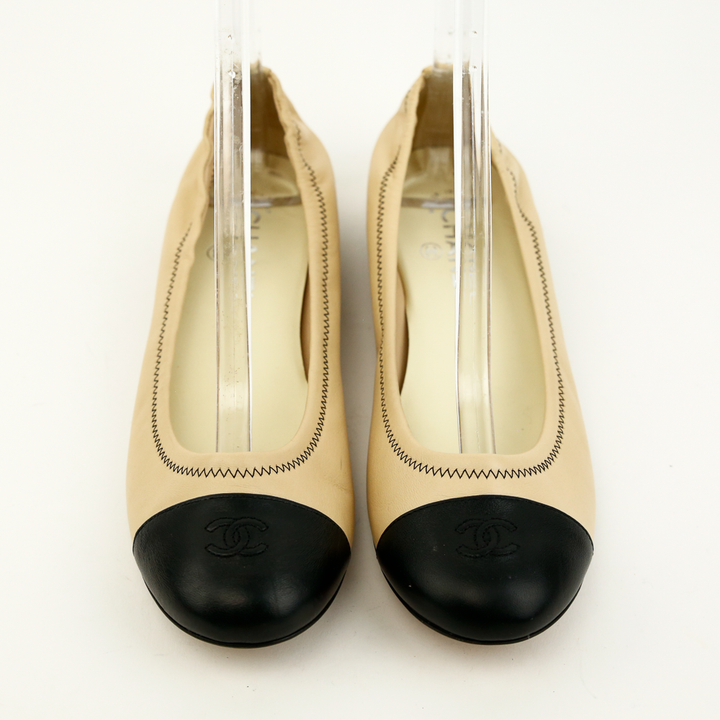 Chanel Beige & Black Leather Vintage Ballet Flats