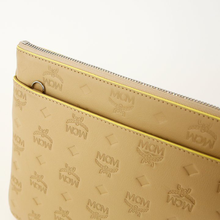 MCM Beige Leather Aren Monogram Crossbody Pouch