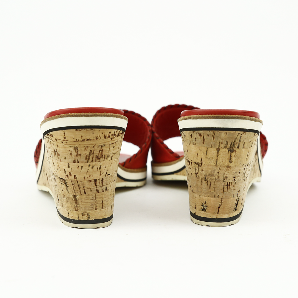 heel view of Chanel Red Leather CC Cork Wedge Slides