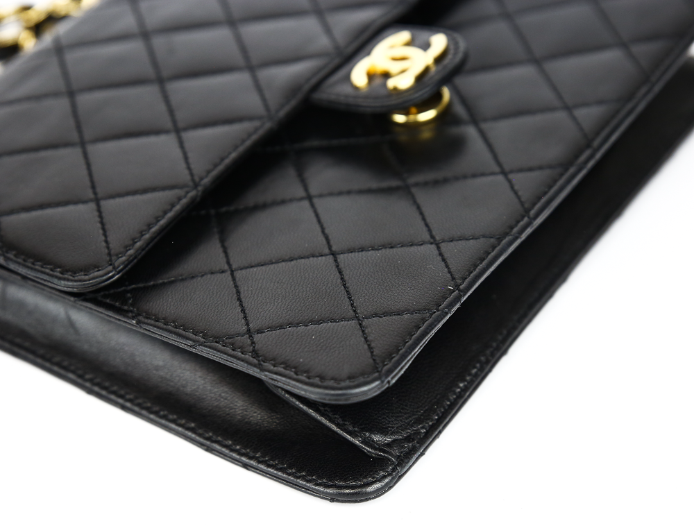 corner view of Chanel Vintage Black Quilted Leather Single Flap Bag