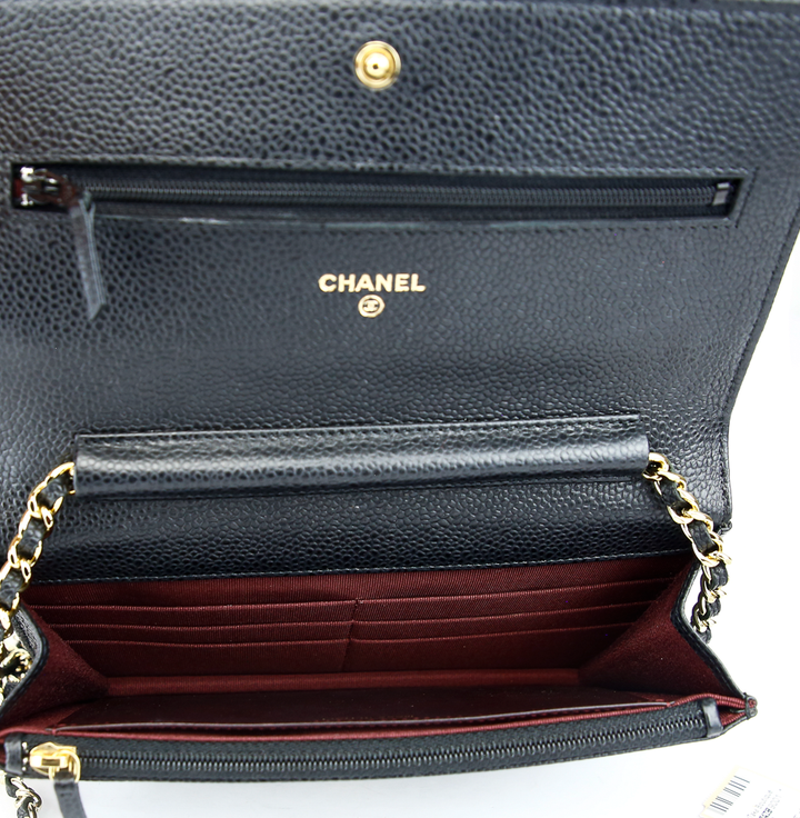 interior view of Chanel Black Quilted Caviar Leather Wallet on Chain