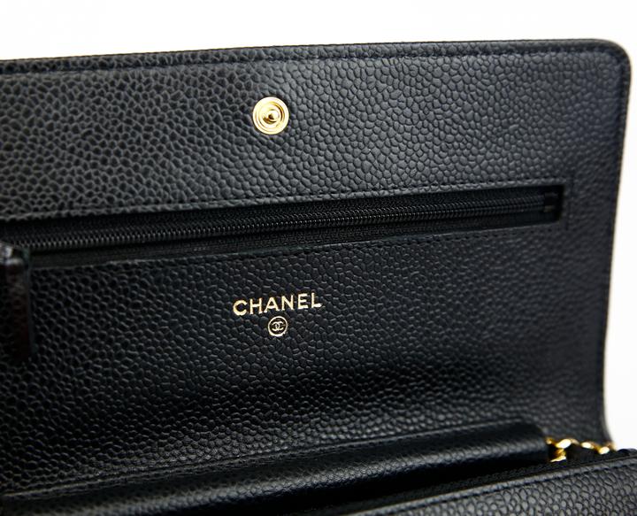 Chanel Black Quilted Caviar Leather Wallet on Chain