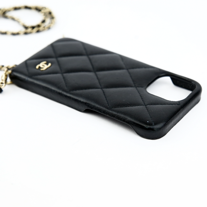 Chanel Black Quilted Lambskin Leather iPhone Holder With Chain