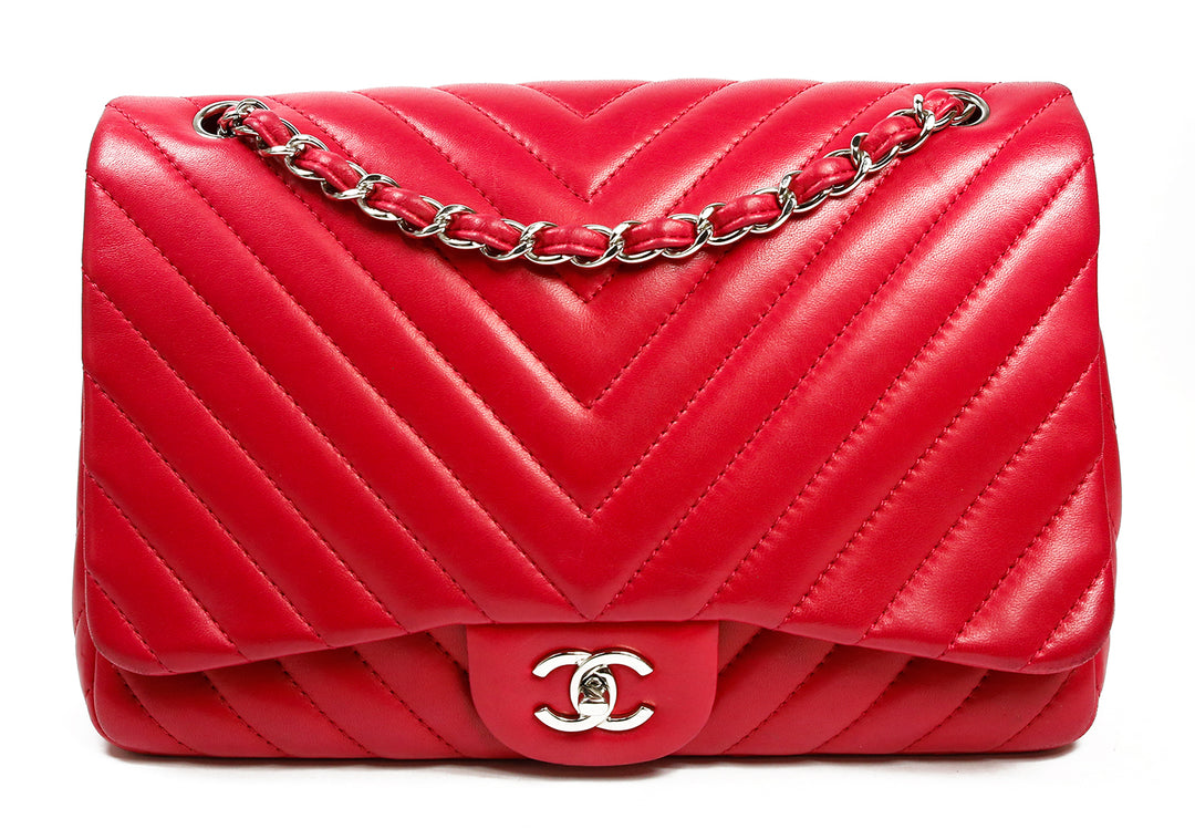 Chanel Magenta Lambskin Chevron Quilted Jumbo Single Flap Bag