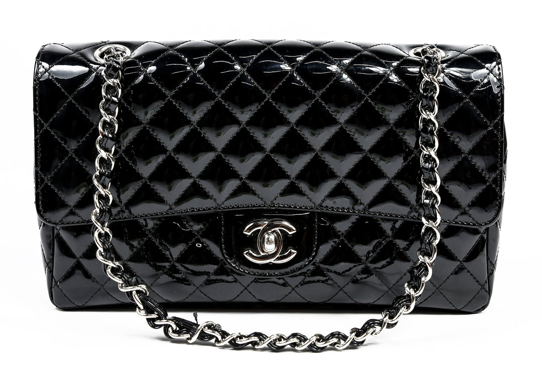 Chanel Black Quilted Patent Leather Medium Secret Label Flap Bag