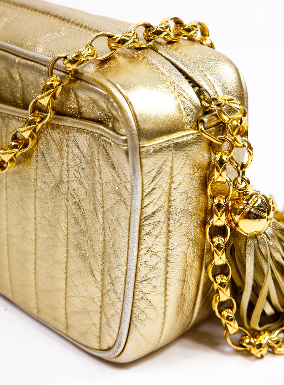 Chanel Gold Metallic Leather Vintage Tassel Camera Bag