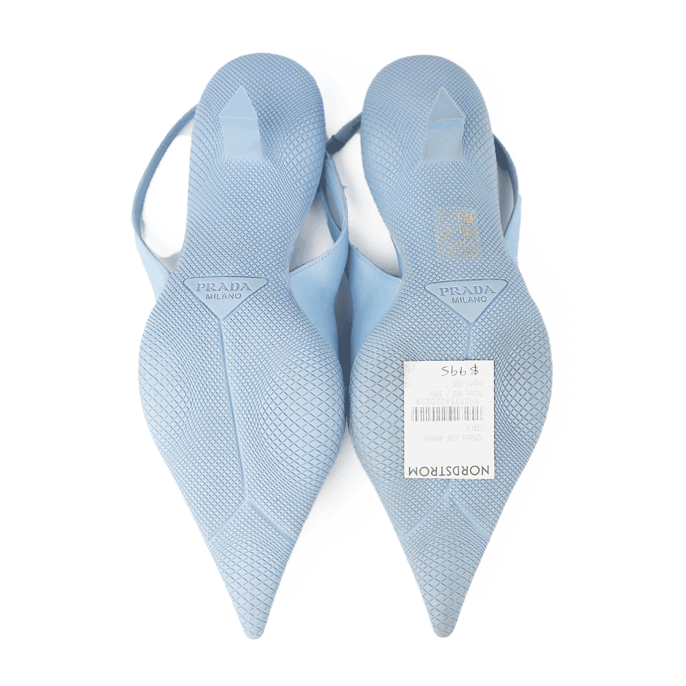 sole view of Prada Baby Blue Nylon Triangle Logo Slingback Pumps