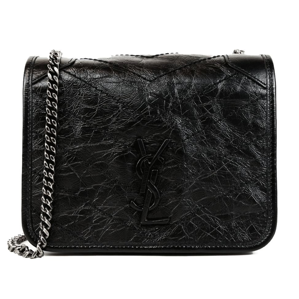 front view of Saint Laurent Black Crinkled Calfskin Mini Nikki Bag