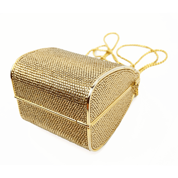 corner view of Judith Leiber Minaudiere Gold Box Clutch