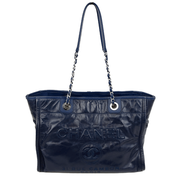 front view of Chanel Navy Glazed Calfskin Deauville Tote