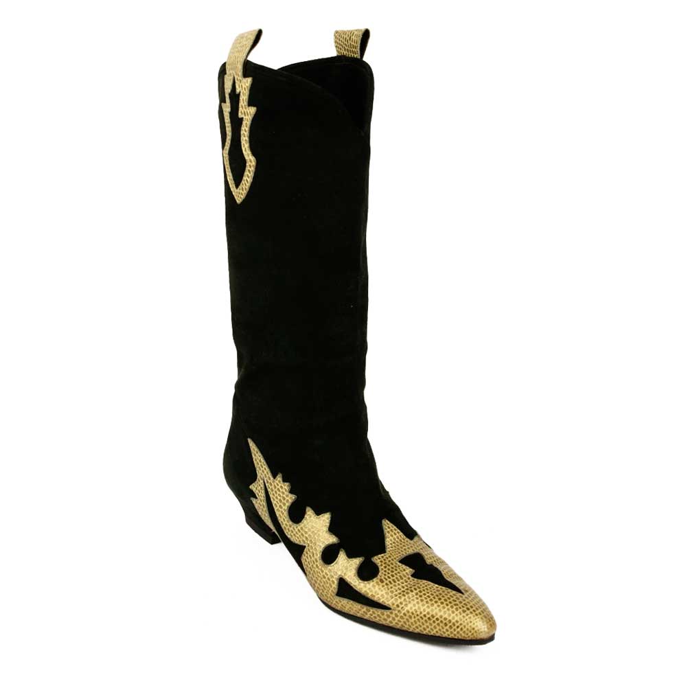 side view of Escada Black Suede & Gold Snake Trim Boots