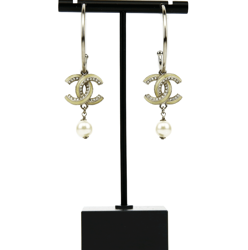 front view of Chanel Silver & Enamel CC Hoop Earrings