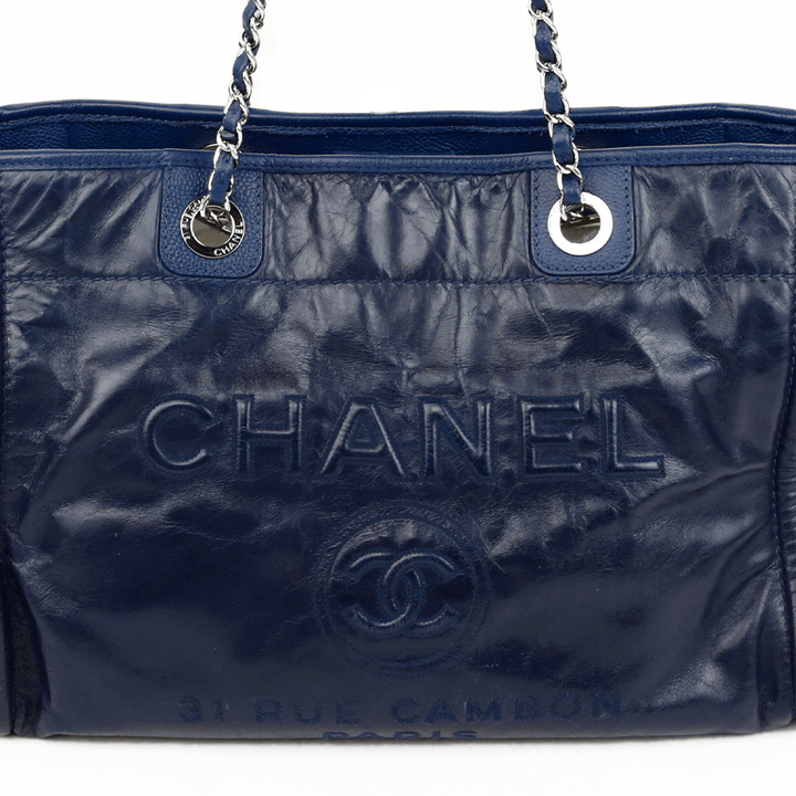 Chanel Navy Glazed Calfskin Deauville Tote