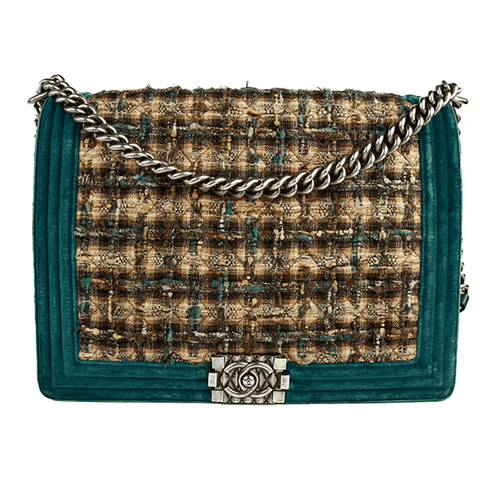 Front view of Chanel Emerald Green Velvet & Tweed Large (2013-'14) Boy Bag