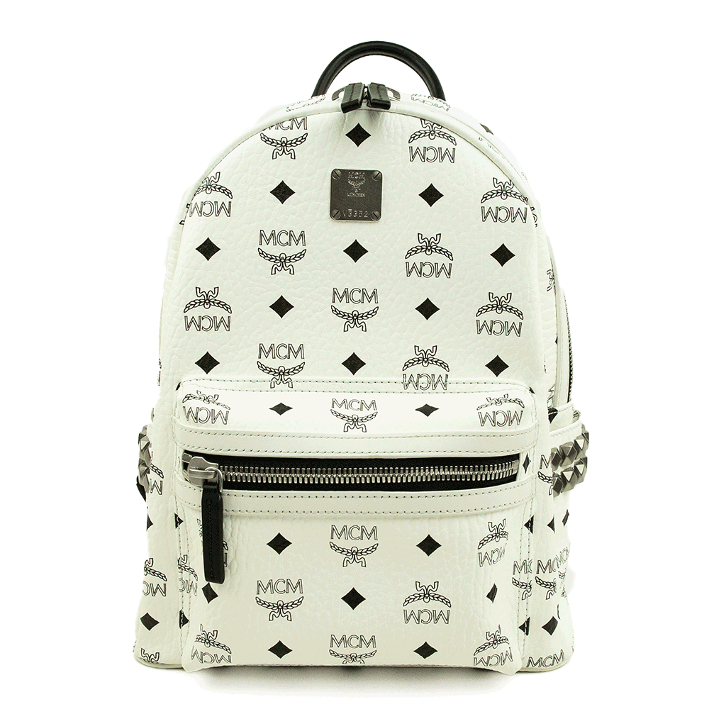 Front view of MCM White Visetos Coated Canvas Stark Backpack