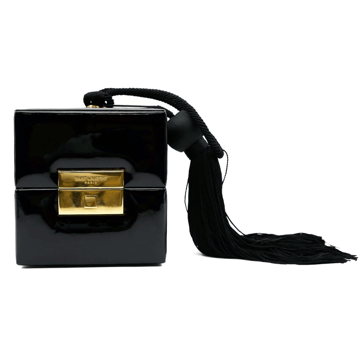 front view of Saint Laurent Black Patent Jerry Cube Box Clutch