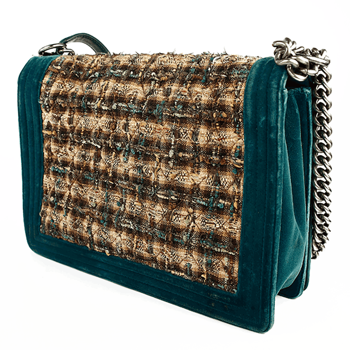 Back view of Chanel Emerald Green Velvet & Tweed Large (2013-'14) Boy Bag